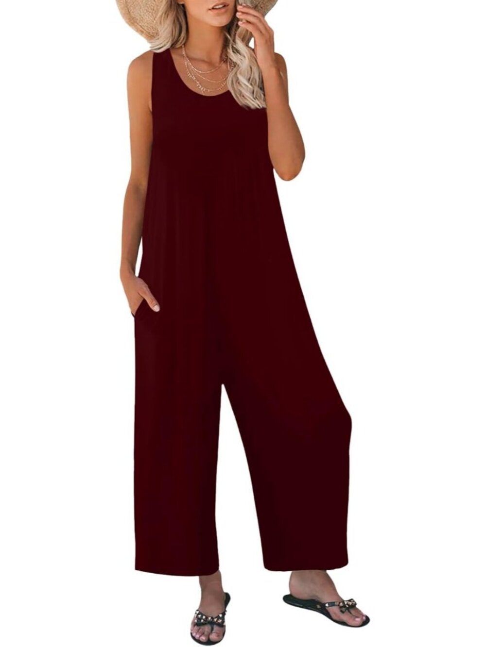 Women's Wine Red Casual Loose Tank Sleeveless Crewneck Long Pant Romper